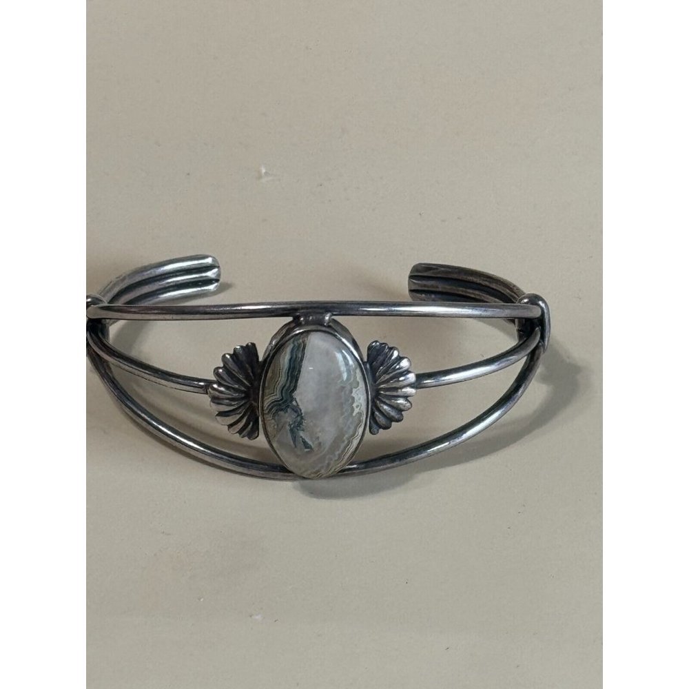 Vintage GFMW Sterling Silver Green Lace Jasper Cuff Bracelet 6 1/4' - Picture 6 of 11